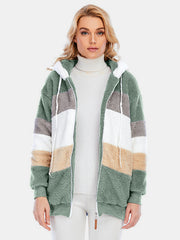 Teddy fleece zip-up hoodie with color block pattern in green, tan, white, and grey.