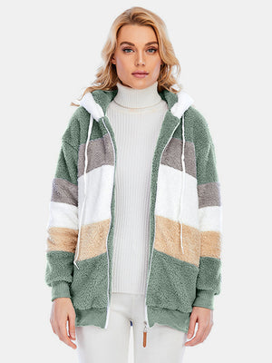 Teddy fleece zip-up hoodie with color block pattern in green, tan, white, and grey.