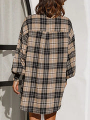 Taupe plaid shirting jacket with ribbed cuffs and balloon sleeves.