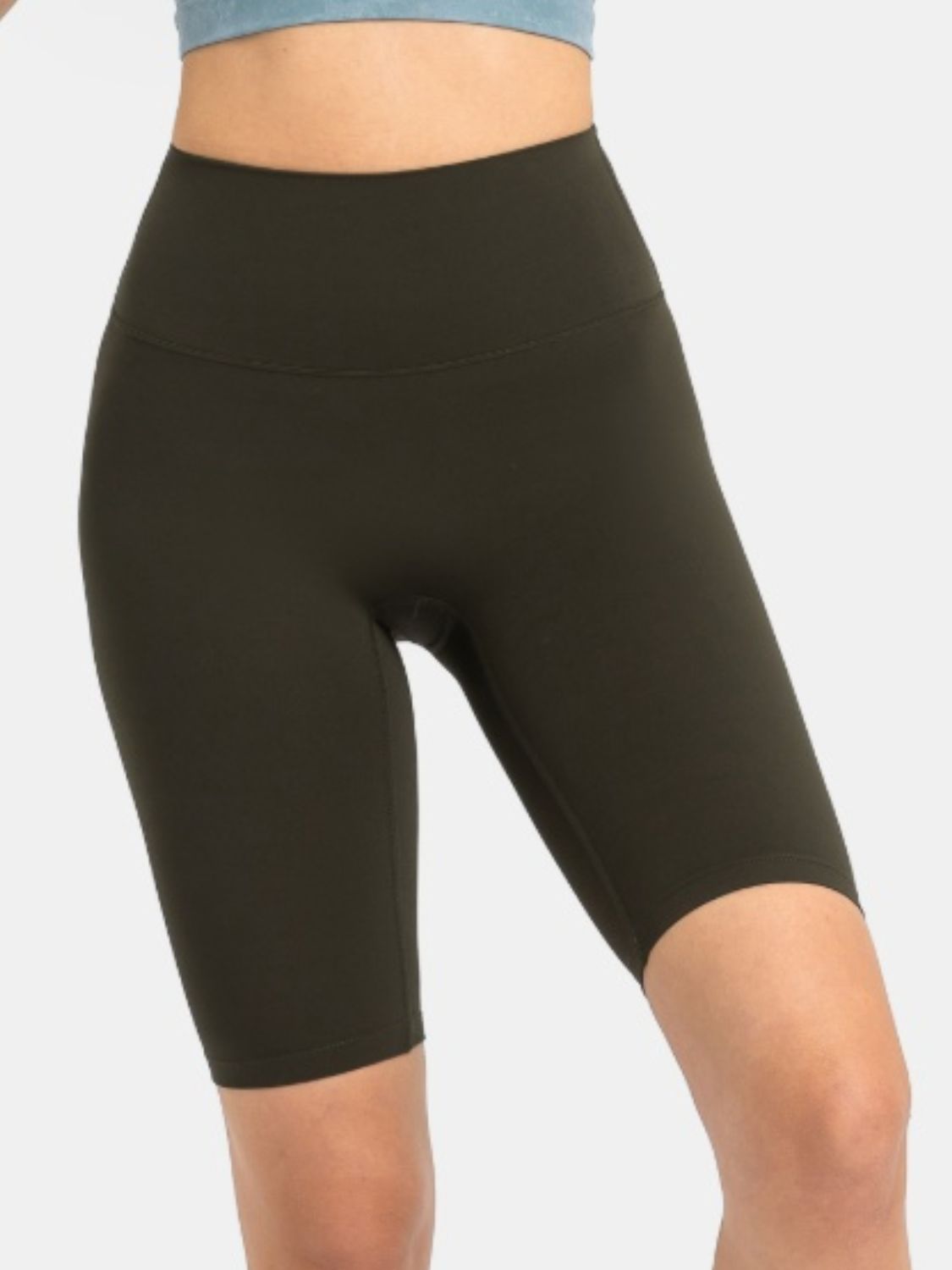 Sculpted Contour Active Cycling Shorts in Vintage Green with a high waist and mid-thigh length.