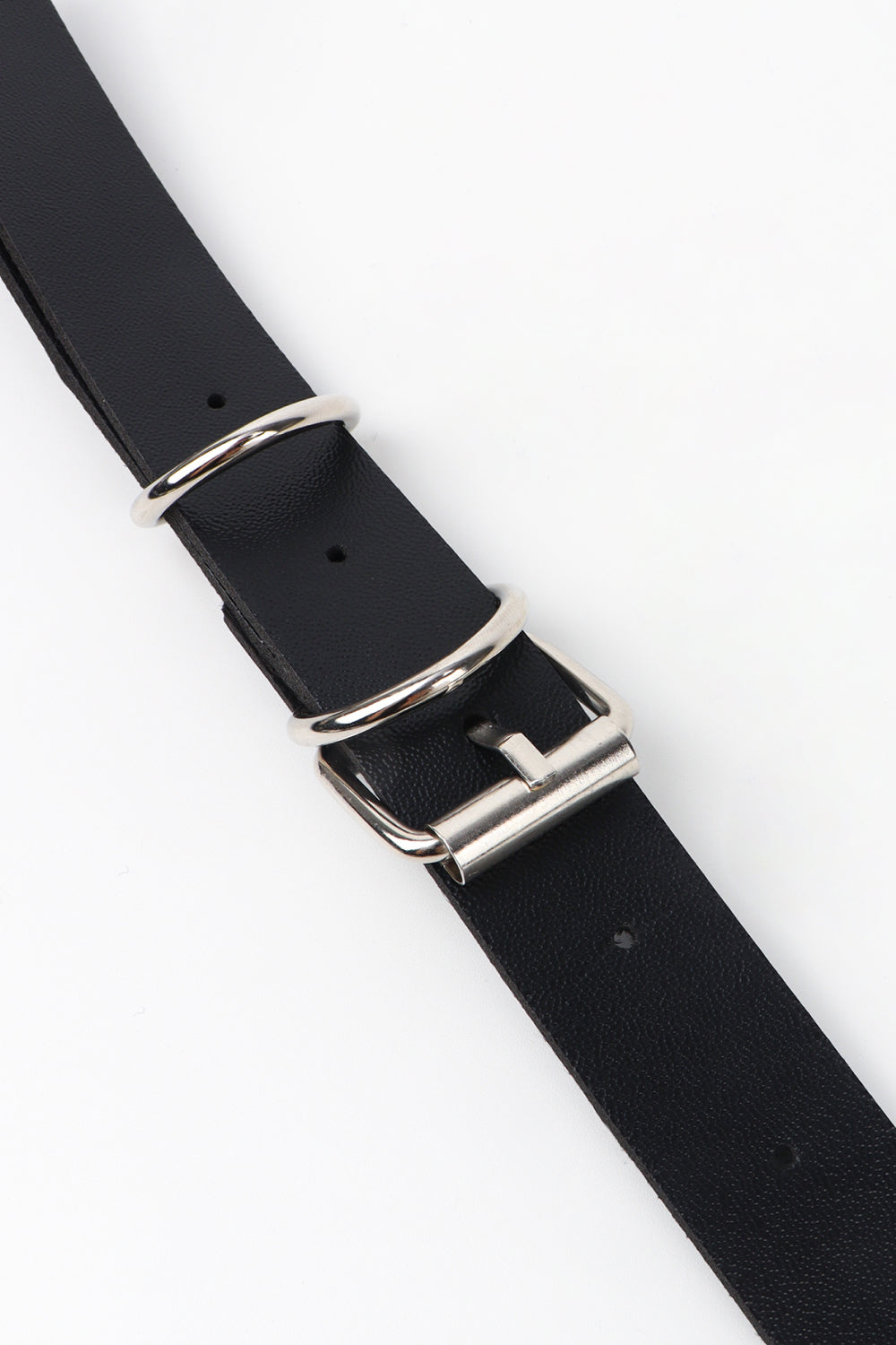 Black leather waist harness belt with silver buckle and O-ring details