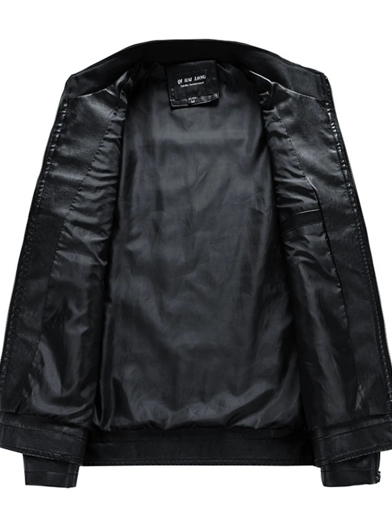 Black leather moto jacket interior with smooth lining and a pocket detail.