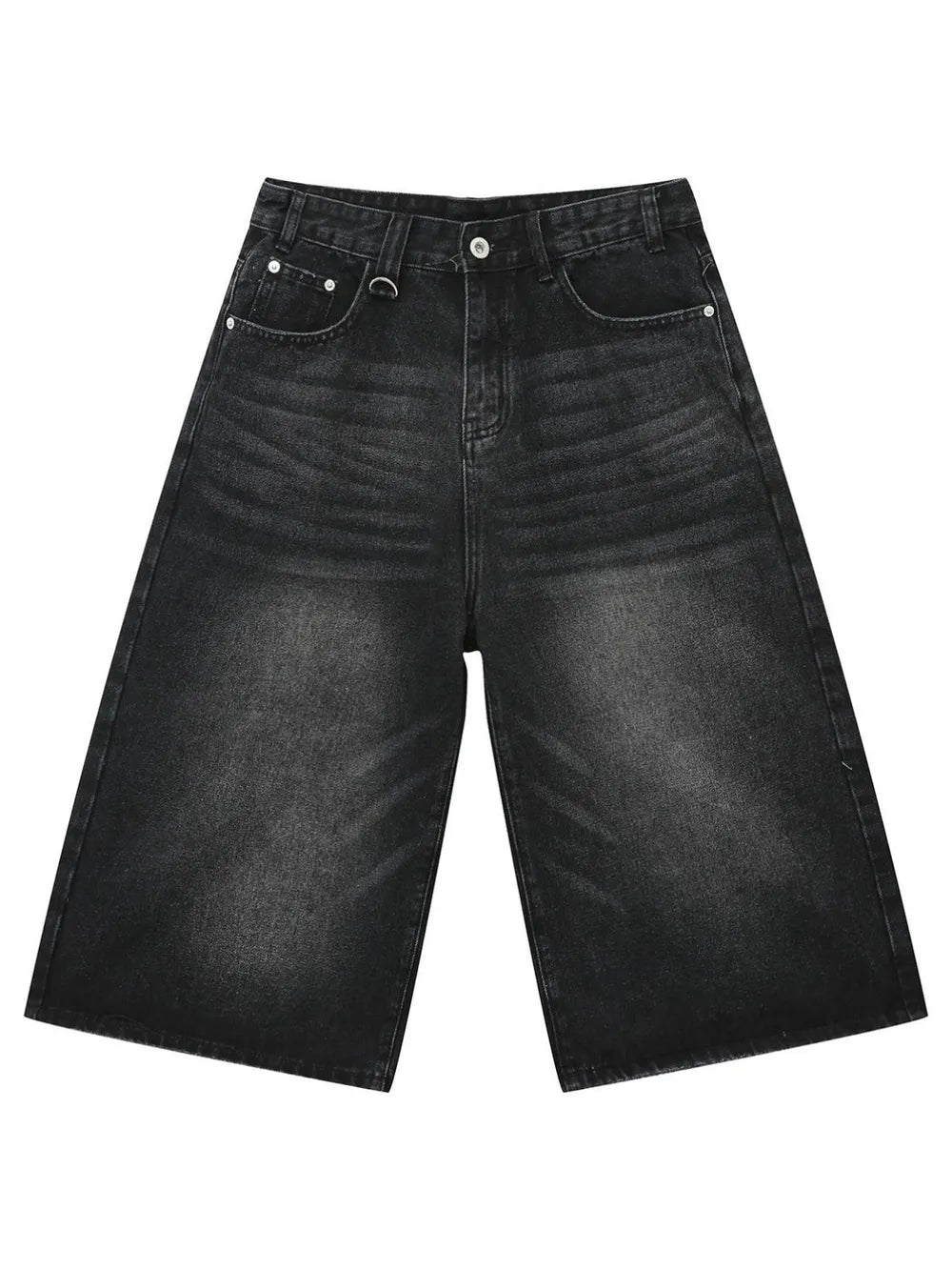 Black wide-leg denim culottes with a washed finish and D-ring detail.