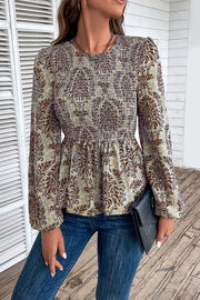 Brown damask print peplum blouse with smocking and long sleeves