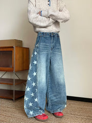 Men's blue wide leg jeans with white star print detail, cotton, casual style.