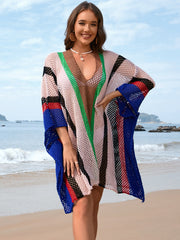 Striped mesh kimono cover-up with V-neck and wide sleeves in pink, brown, green, black, and royal blue.