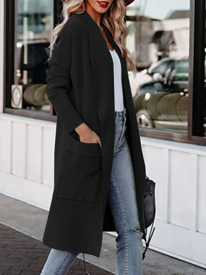 Black relaxed-fit open-front duster cardigan with patch pockets and long sleeves.
