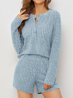 Light blue ribbed henley lounge set with button detail and matching shorts.