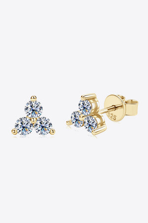 Gold moissanite stud earrings with three round-cut stones in a cluster design, made of 925 sterling silver.