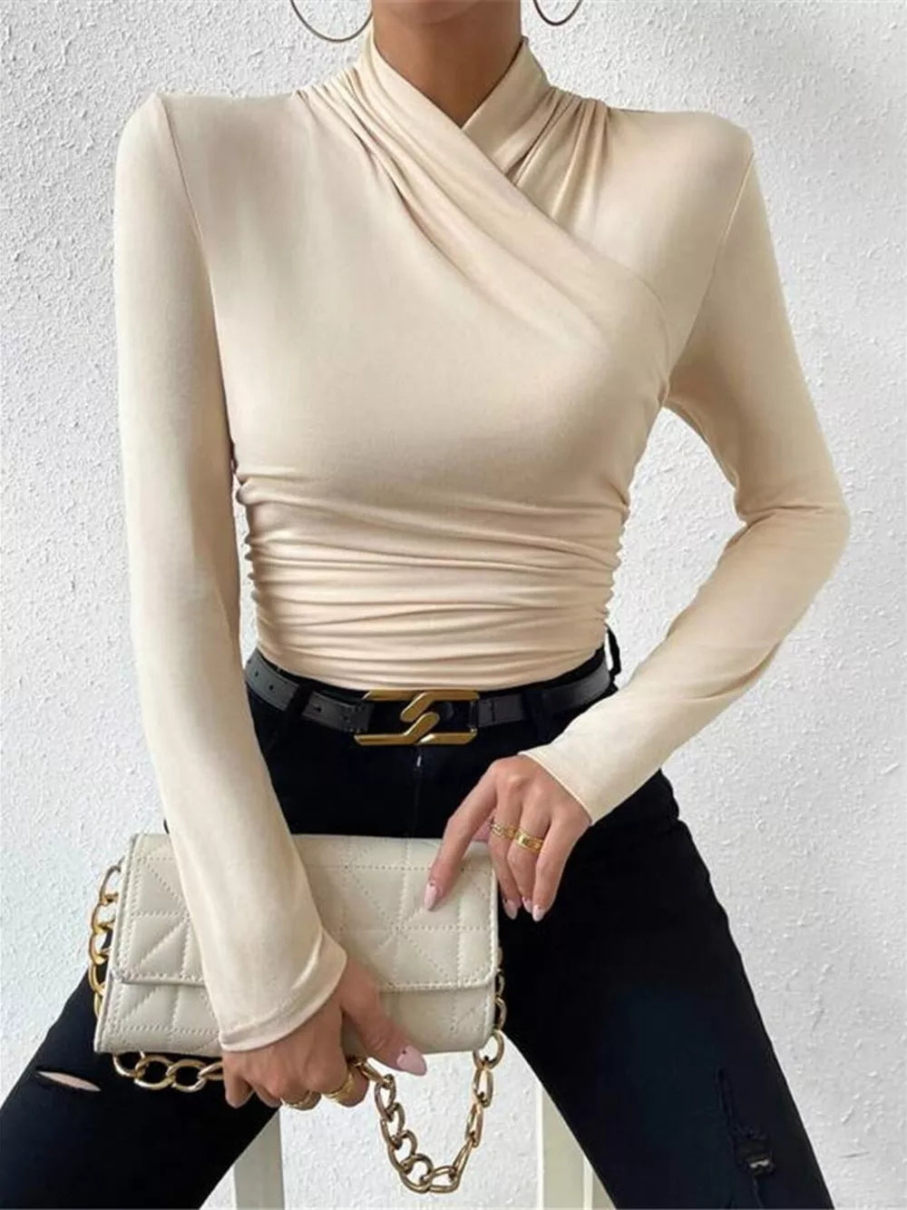 Ruched Long Sleeve Slim Fit Top in Black, back view
