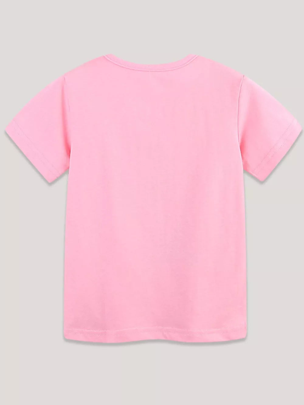 Pink cotton crew neck t-shirt with short sleeves.