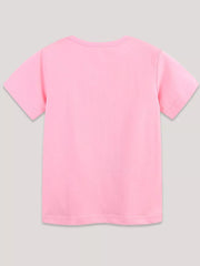 Pink cotton crew neck t-shirt with short sleeves.