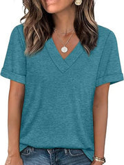 Blue-green v-neck t-shirt with cuffed short sleeves, a comfortable basic top.