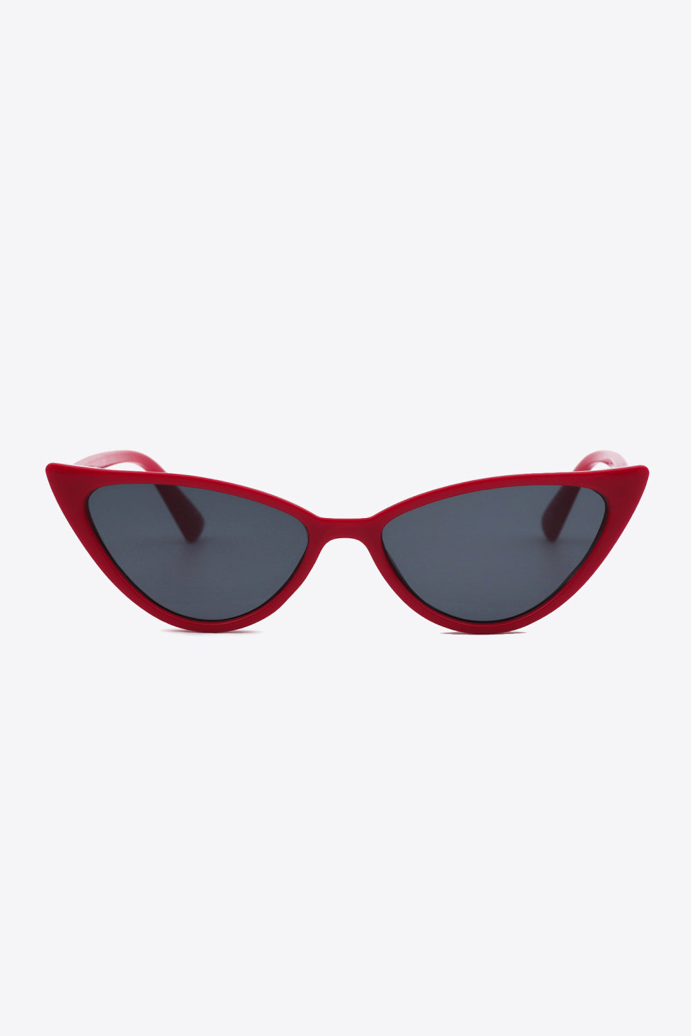 Crimson cat-eye sunglasses with dark lenses and bold frames.