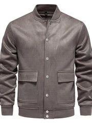 Dark Gray suede-effect bomber jacket with snap closure and chest pockets.