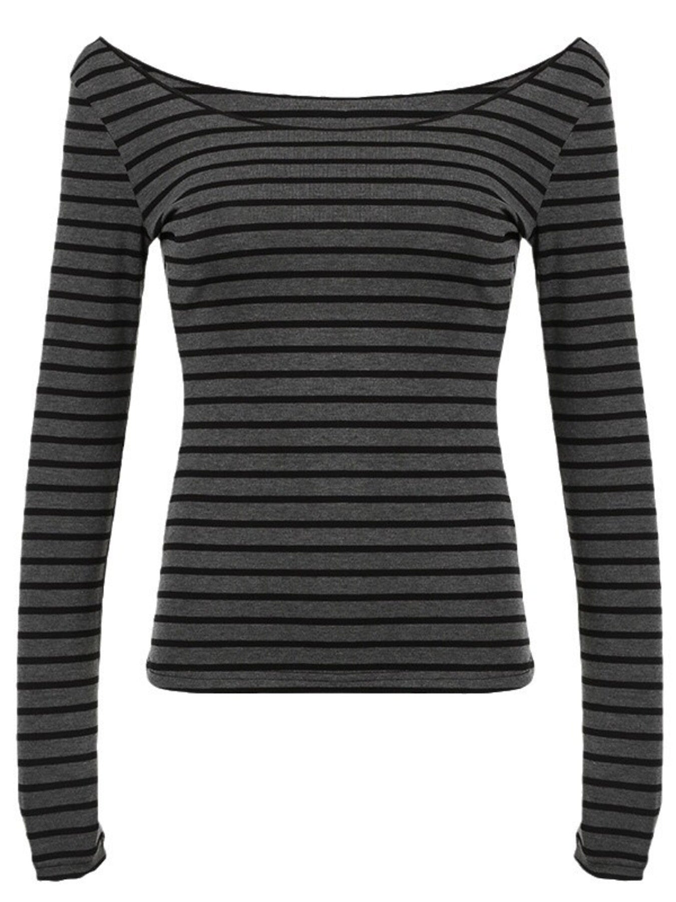 Grey and black striped long sleeve t-shirt with a boat neck