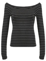 Grey and black striped long sleeve t-shirt with a boat neck