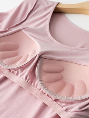 Dusty Pink scoop neck tee with built-in bra cups and elastic band detail.