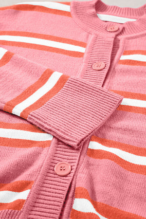 Pink striped knit cardigan with button front and ribbed cuffs.