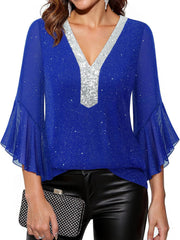 Blue sequin V-neck blouse with bell sleeves and glitter detail.