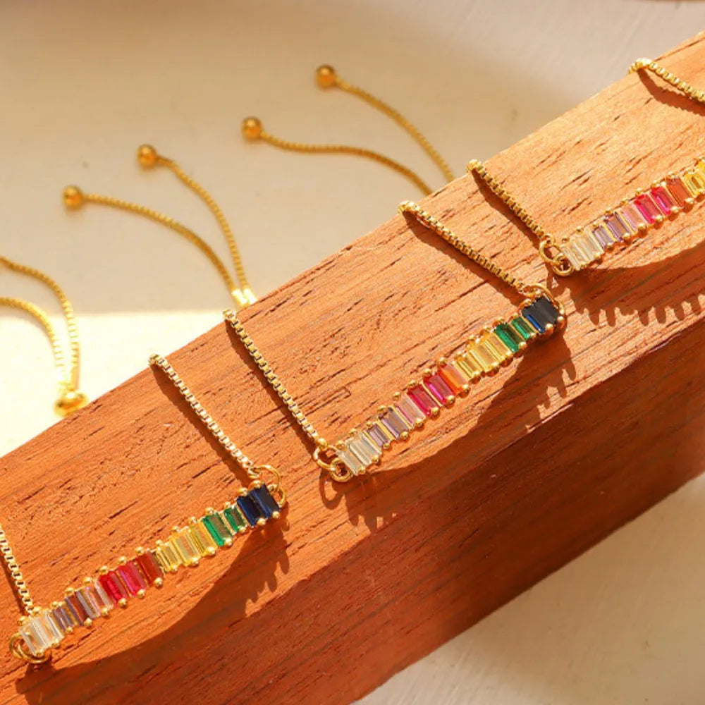 Rainbow baguette zirconia bar bracelet with adjustable clasp