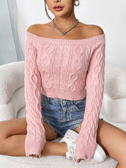 Blush pink cable knit cropped off-the-shoulder sweater