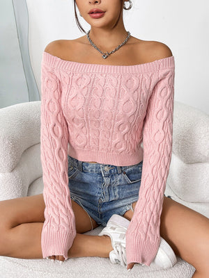 Blush pink cable knit cropped off-the-shoulder sweater