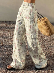 Pastel Floral High-waisted Wide-leg Jeans