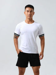 White crewneck tee with black gymband sleeve detail