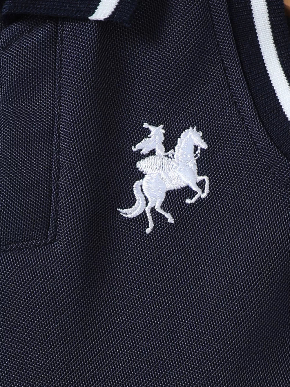 Navy polo dress with white equestrian embroidery and striped collar detail.