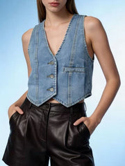 Light blue denim vest with button front and pocket detail