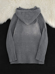 Gray ribbed knit hooded sweater with a relaxed fit.