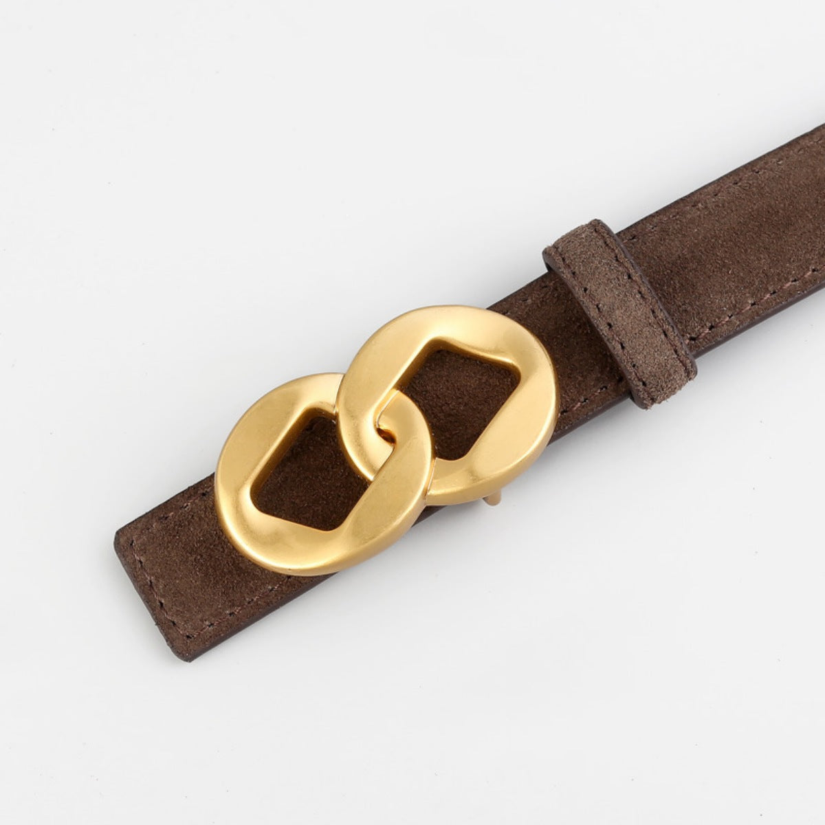 Brown cowhide leather belt with interlocking gold buckle detail