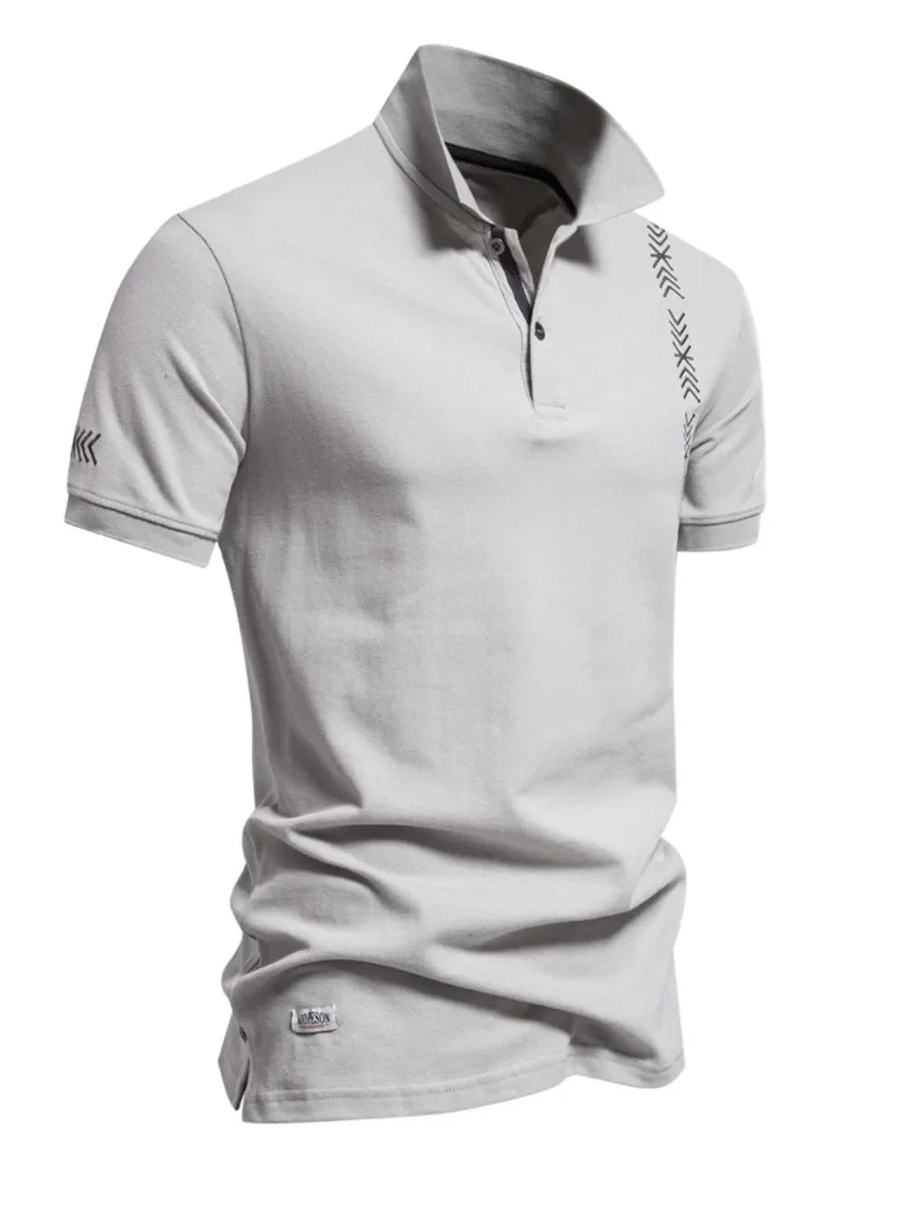 Gray piqué polo shirt with chevron embroidery on chest and sleeve, short sleeves, and button neck.