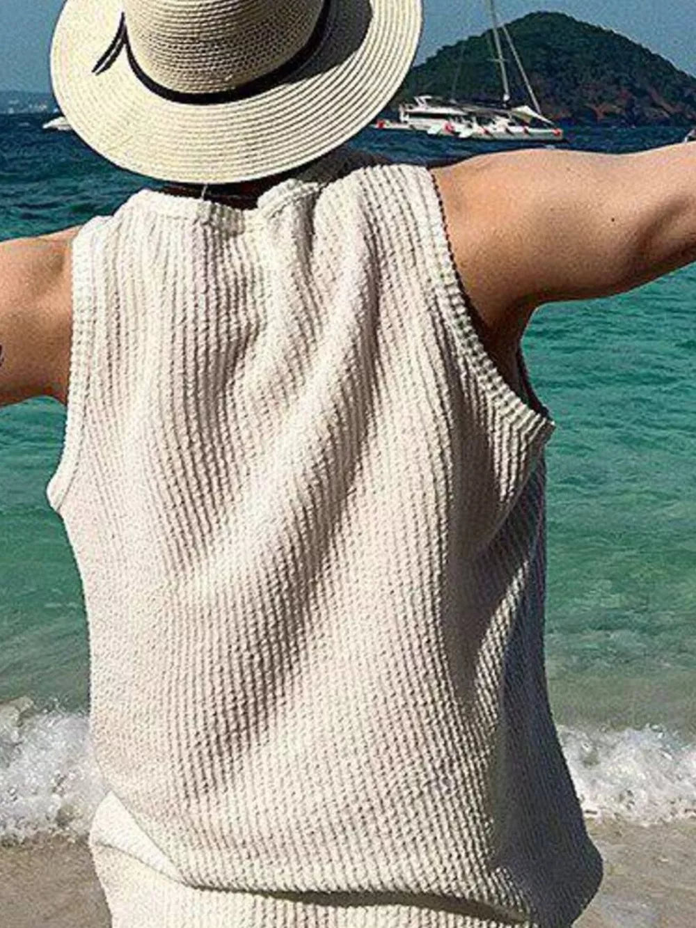 Men's Plus Size Textured Knit Sleeveless Tank Top in Black, model styling view