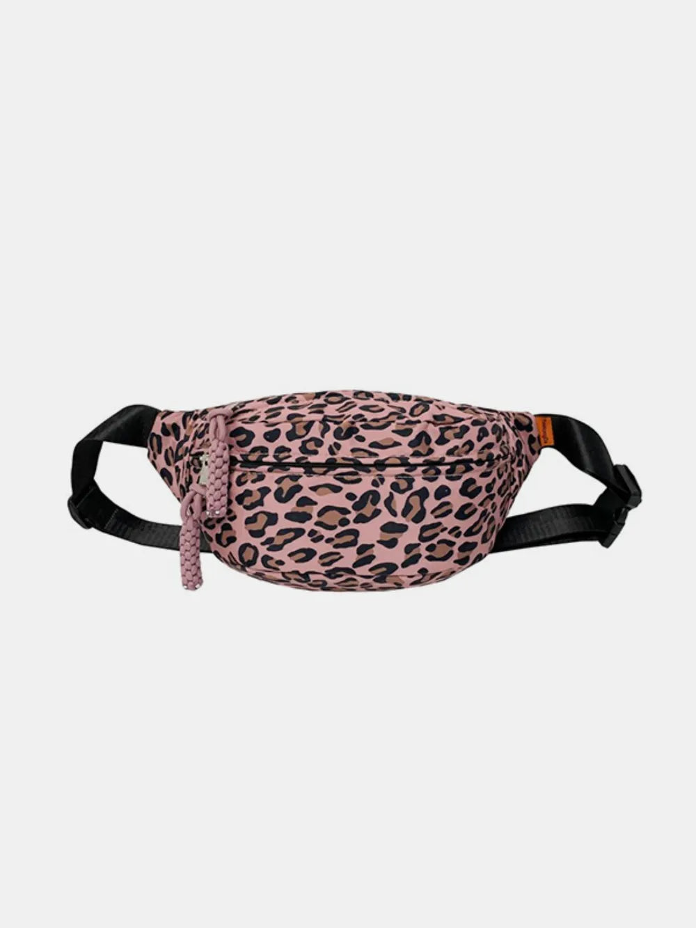 Pleated leopard print sling bag in dusty pink with a braided tassel detail.