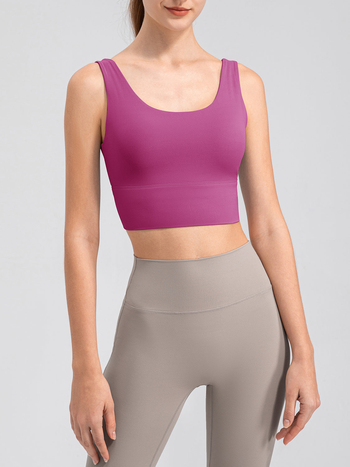 Red-Violet performance crop top with scoop neck and wide band.