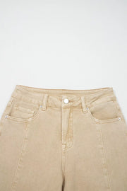 High-waisted cropped wide-leg jeans in tan denim with front pockets and button closure.
