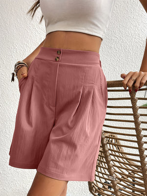 Dusty Pink pleated front bermuda shorts with button detail and pockets