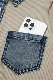 Ribbed knit mini dress in beige with denim pocket detail and a white phone.