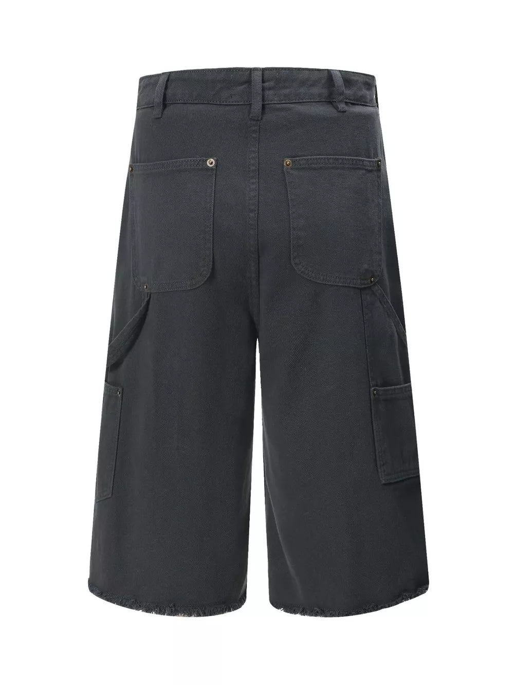 Dark gray relaxed fit utility capris for men with multiple cargo pockets and frayed hem.