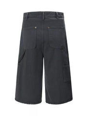 Dark gray relaxed fit utility capris for men with multiple cargo pockets and frayed hem.