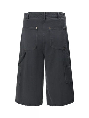Dark gray relaxed fit utility capris for men with multiple cargo pockets and frayed hem.