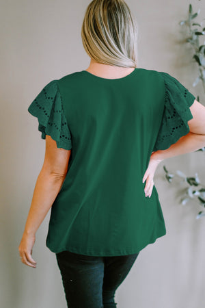 Dark green tee with eyelet flutter sleeves and a crew neck.