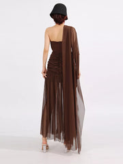 Brown draped one-shoulder maxi dress with ruched bodice and sheer skirt.