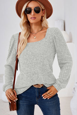 Light gray ribbed square neck top with puffed long sleeves.