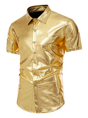 Gold metallic button-up shirt with short sleeves and a classic collar.