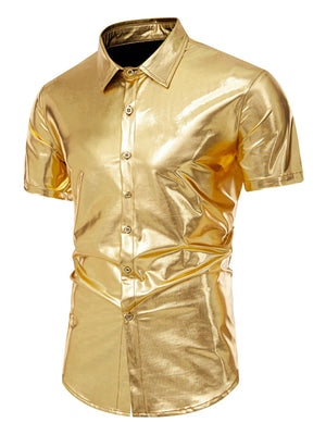 Gold metallic button-up shirt with short sleeves and a classic collar.