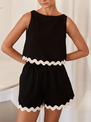 Black scallop trim outfit set with sleeveless crop top and shorts