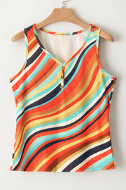 Ribbed stripe button-down tank top with a V-neck and colorful wavy stripes.